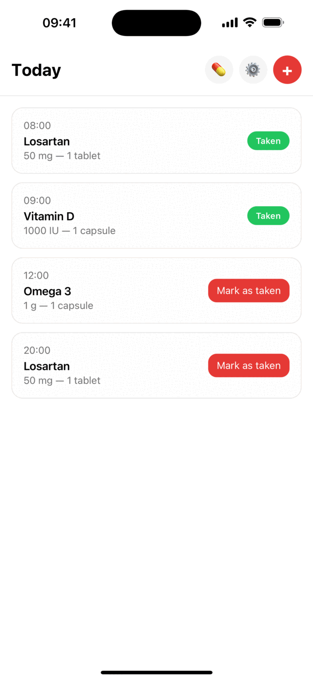 The Lembria Today screen, listing the day's doses with a mark-as-taken button on each one.