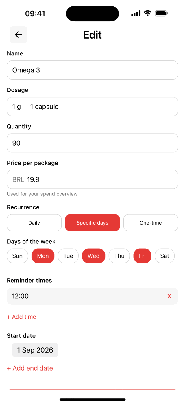 The Lembria medication form, with name, dosage, quantity, price, recurrence and reminder times.