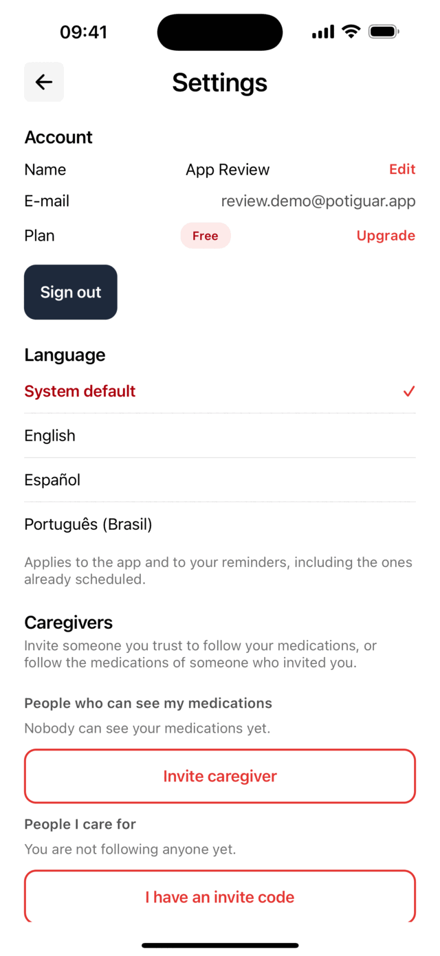 The Lembria Settings screen showing the Caregivers section and the invite button.