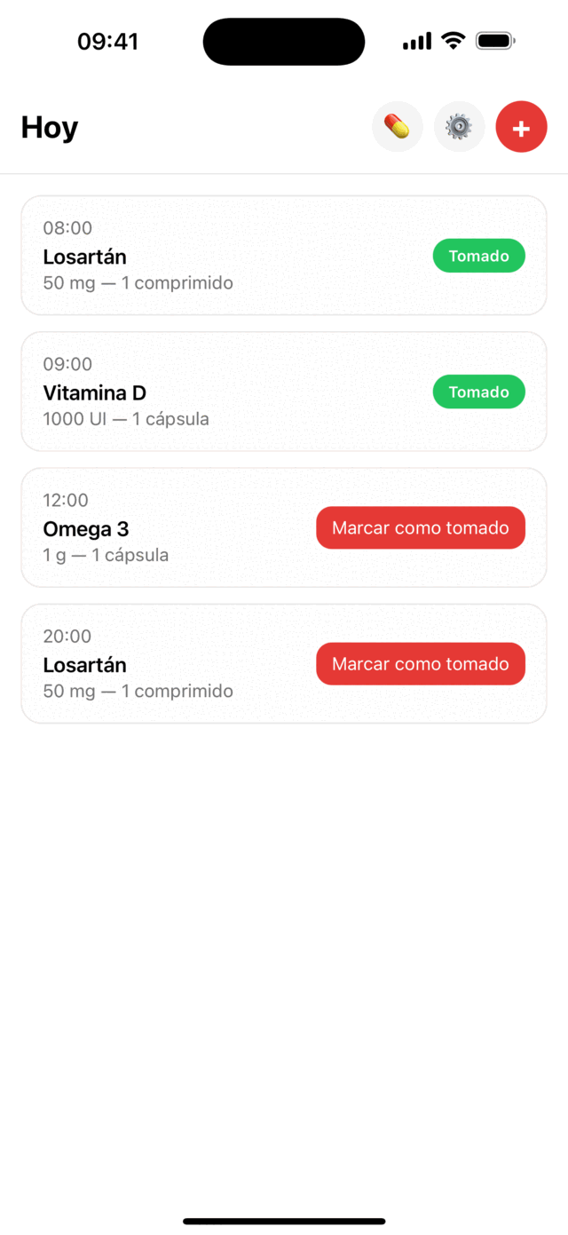 La pantalla Hoy de Lembria, con las tomas del día y un botón para marcar cada una como realizada.