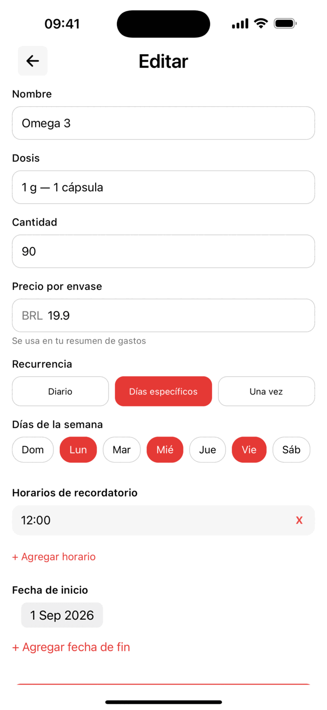 El formulario de medicamento de Lembria, con nombre, dosis, cantidad, precio, recurrencia y horarios de recordatorio.