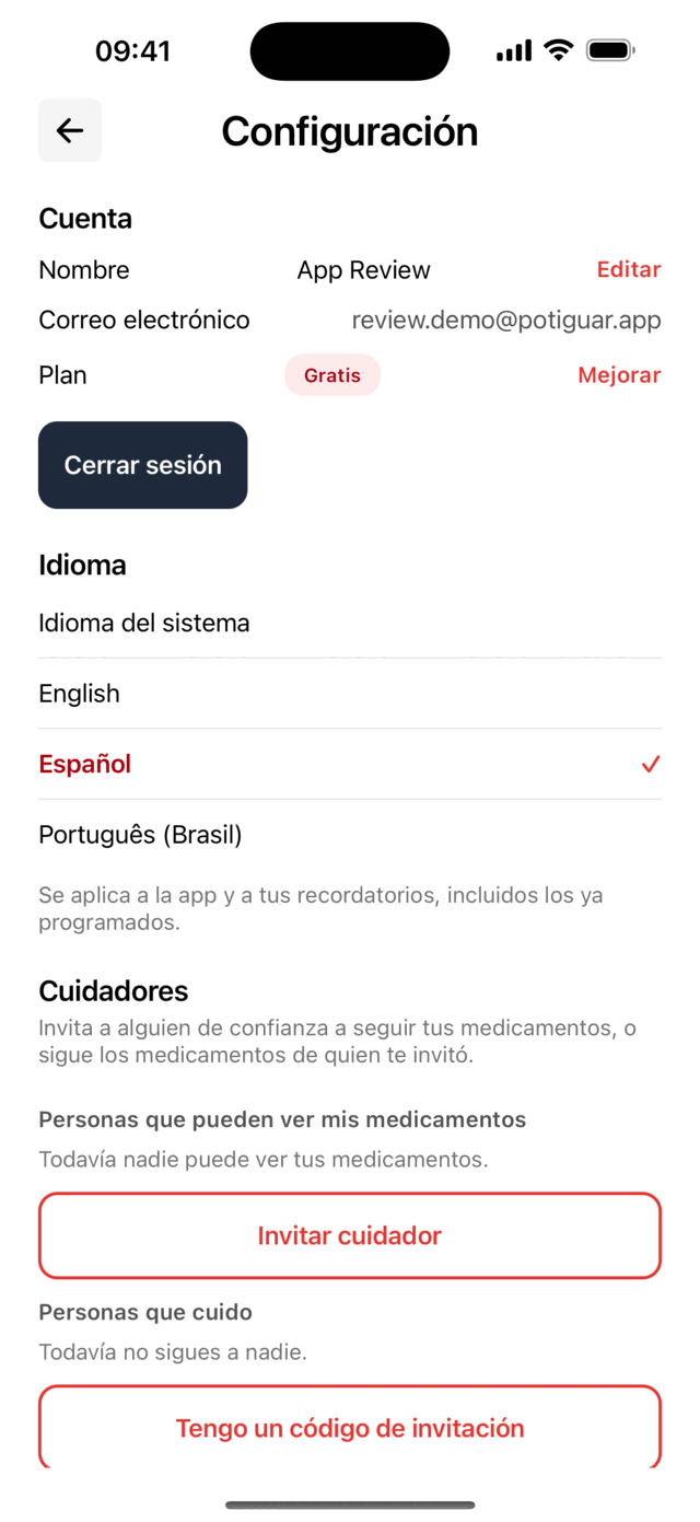 La pantalla de Configuración de Lembria con la sección Cuidadores y el botón de invitación.