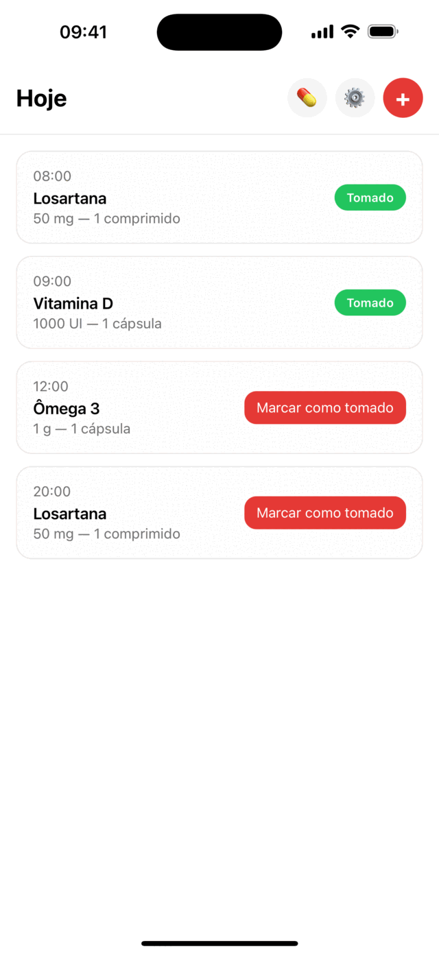 Tela Hoje do Lembria, com as doses do dia e um botão para marcar cada uma como tomada.
