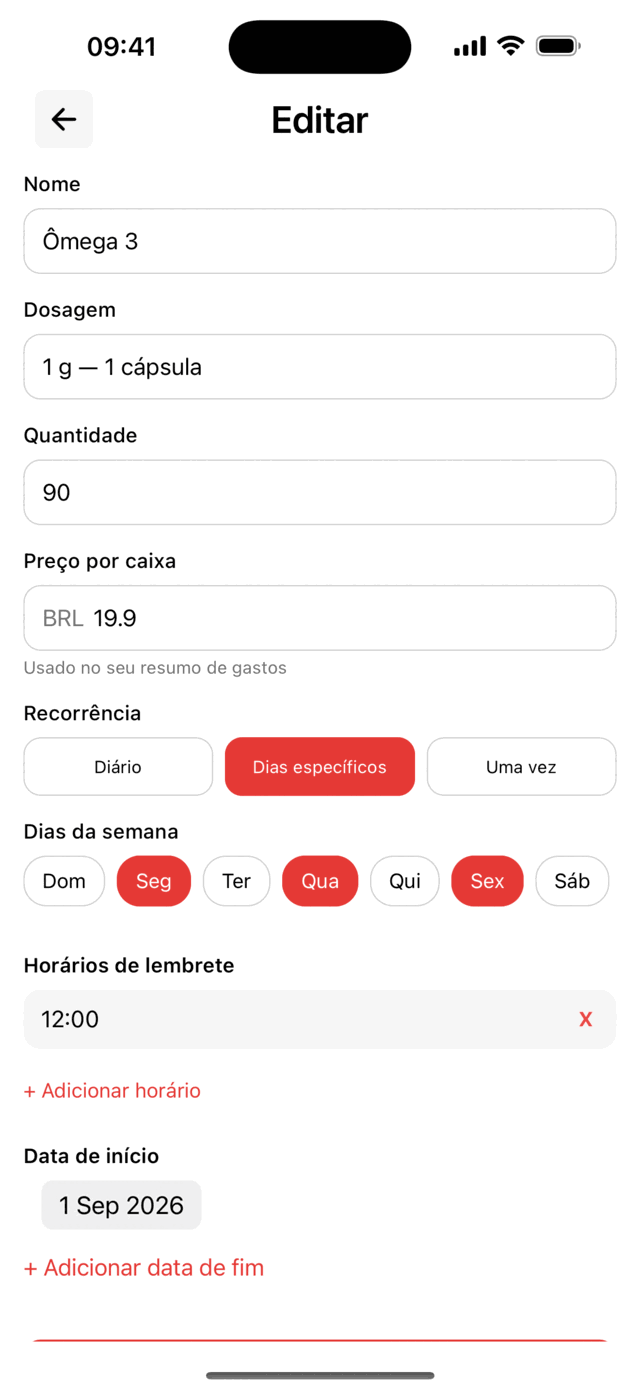 Tela de cadastro de medicamento do Lembria, com nome, dosagem, quantidade, preço, recorrência e horários de lembrete.