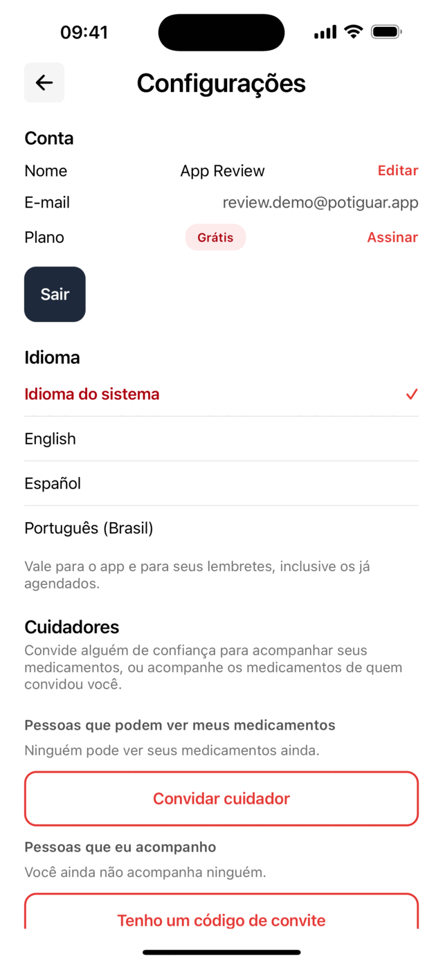 Tela de Configurações do Lembria com a seção Cuidadores e o botão de convite.